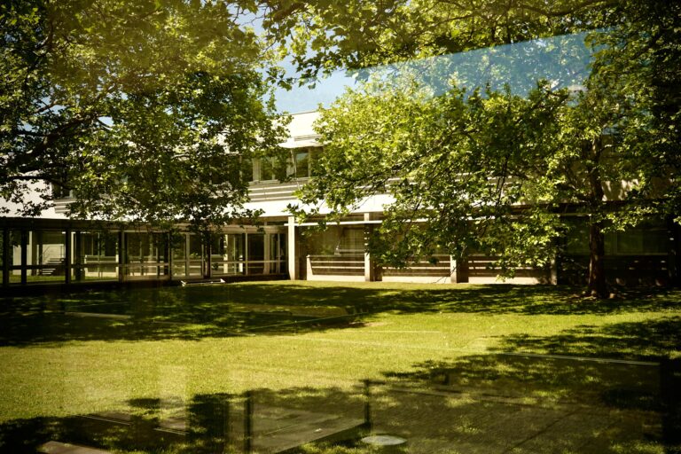 Der Mediencampus der h_da mit Bäumen im Vordergrund